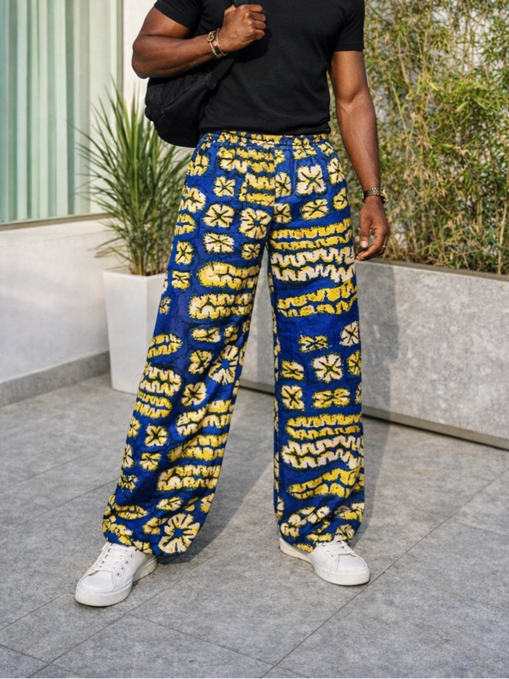 Ankara Print Silk Wide Leg Pants Unisex Blue Yellow Wax Print Palazzo Pants